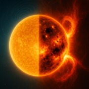 Sonne im Umbruch: links ruhig mit goldener Oberfläche, rechts aktiv mit Sonnenflecken und Protuberanz, im All mit sichtbaren Magnetfeldlinien.