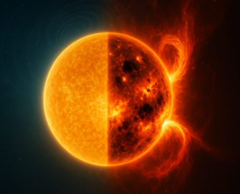 Sonne im Umbruch: links ruhig mit goldener Oberfläche, rechts aktiv mit Sonnenflecken und Protuberanz, im All mit sichtbaren Magnetfeldlinien.