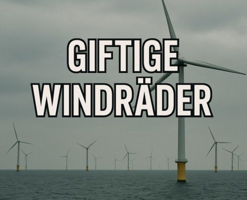 Offshore-Windräder in der Ostsee mit eingeblendeter Schlagzeile „Giftige Windräder“